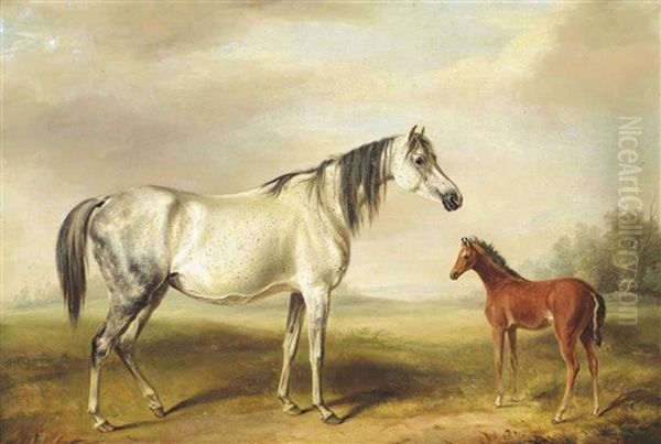 A Grey Mare And A Brown Foal In A Landscape by John Ferneley Jr.