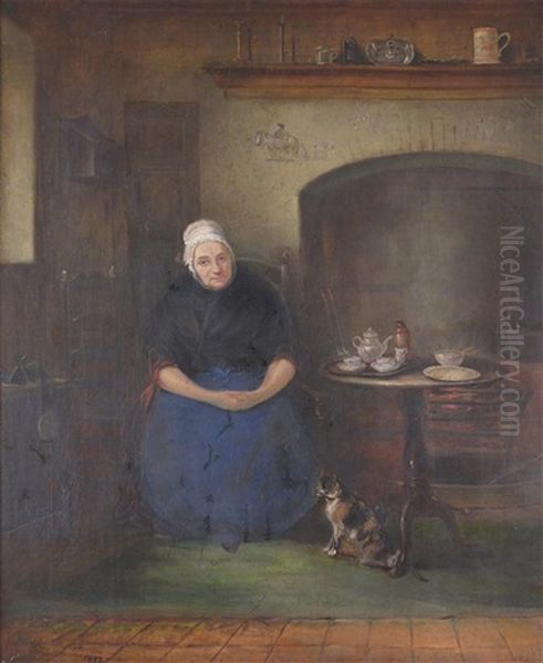 A Woman Seated In A Kitchen Interior Oil Painting by John Ferneley Jr.