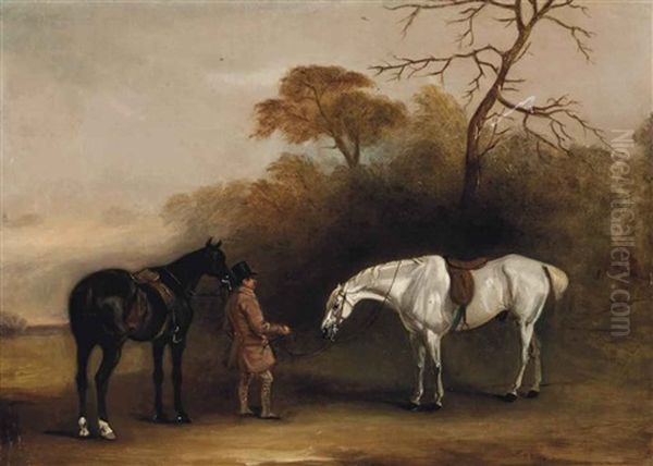 A Groom With A Dark Bay And A Grey Hunter Oil Painting by John Ferneley Jr.