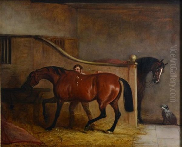 A Hunter And A Groom In A Stable, With A Second Hunter And A Dog Oil Painting by John Ferneley Jr.