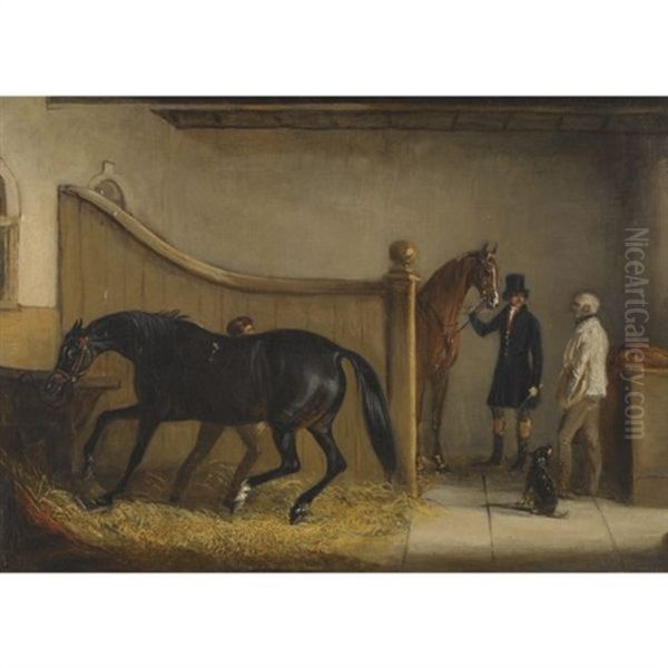 A Dark Bay And A Chestnut Hunter With A Huntsman And Other Figures In A Stable Oil Painting by John Ferneley Jr.