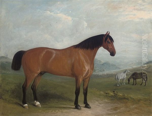 Styrrup In An Extensive Landscape, With Two Hunters Beyond Oil Painting by John Ferneley Jr.