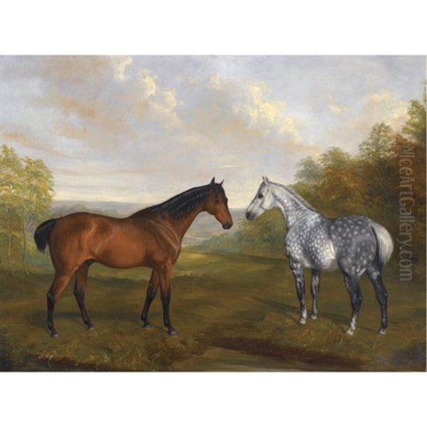 A Chestnut Hunter And A Grey Hunter In A Landscape Oil Painting by John Ferneley Jr.