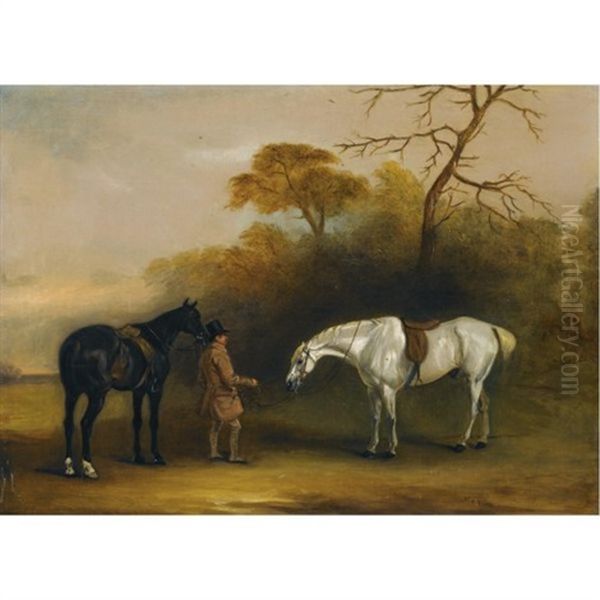 A Groom With A Dark Bay And Grey Hunter Oil Painting by John Ferneley Jr.