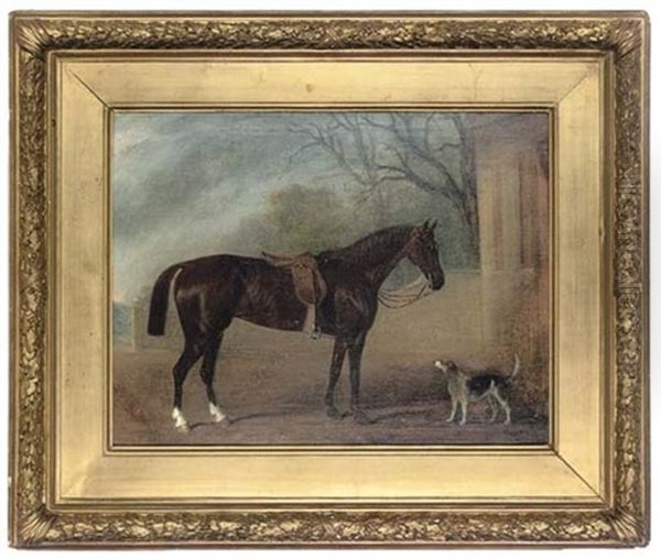 A Chestnut Hunter And Foxhound In A Courtyard Oil Painting by John Ferneley Jr.