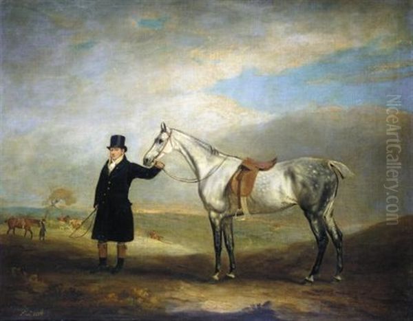 A Grey Mare Held By A Groom Wearing A Blue Coat, A Hunt Beyond Oil Painting by John Ferneley Jr.