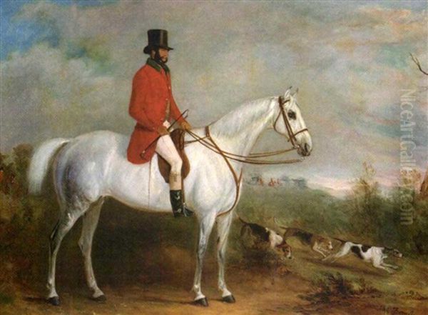 A Gentleman On A Grey Hunter With Hounds In A Landscape, A Hunt Gone Away Beyond Oil Painting by John Ferneley Jr.