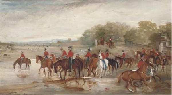 Officers Watering Their Horses At A River (+ A Saddled Hunter By A Country House; 2 Works) Oil Painting by John Ferneley Jr.