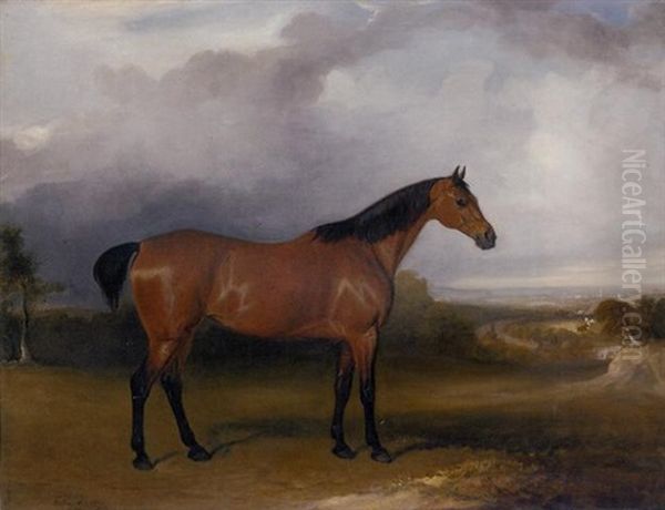 A Bay Hunter In A Landscape With Figures And Horses By A Path In The Distance And A Town Beyond Oil Painting by John Ferneley Jr.