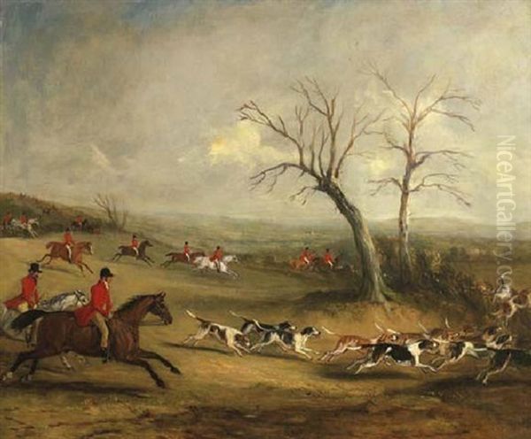 Full Cry: Captain White Hunting With The Quorn, With Hoby Church And Brooksby Hall In The Distance Oil Painting by John Ferneley Jr.