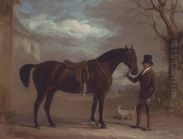 A Bay Hunter Held By A Groom, With A Dandie Dinmont, Outside A Stable, Huntsmen And Hounds Beyond Oil Painting by John Ferneley Jr.