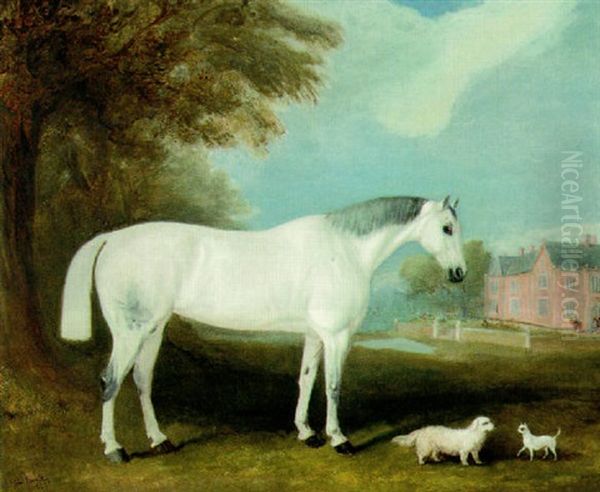 A Grey Hunter With Two Dogs, In The Grounds Of A Country House Oil Painting by John Ferneley Jr.