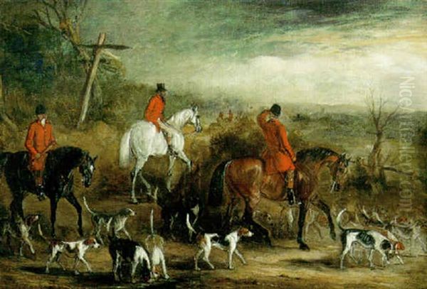 Huntsmen And Hounds At A Crossroads Oil Painting by John Ferneley Jr.