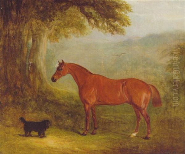 A Chestnut Horse With A Spaniel Before A Tree Oil Painting by John Ferneley Jr.