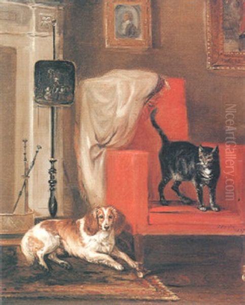 A Dog And A Cat In An Interior Oil Painting by John Ferneley Jr.