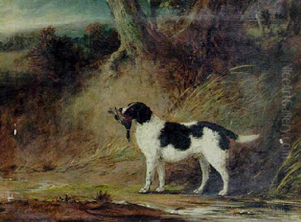 A Spaniel With A Duck In A Landscape Oil Painting by John Ferneley Jr.