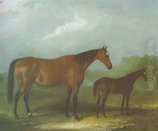 A Brood Mare And Her Foal, In A Landscape Oil Painting by John Ferneley Jr.