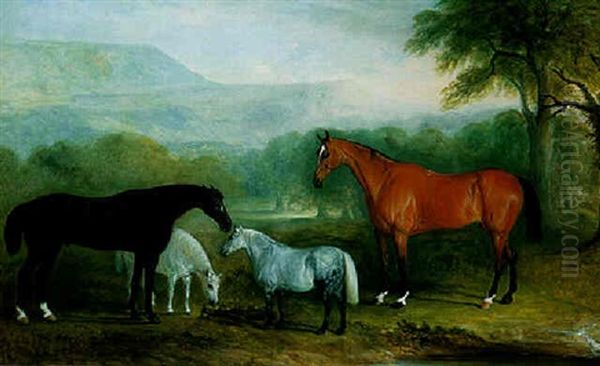 Mares And Foals In A Landscape Oil Painting by John Ferneley Jr.