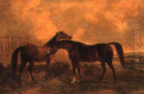 Two Bay Hunters In A Landscape Oil Painting by John Ferneley Jr.