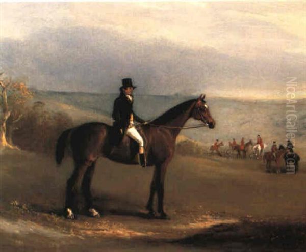 A Huntsman On His Bay Hunter In A Landscape, The Hunt Beyond Oil Painting by John Ferneley Jr.