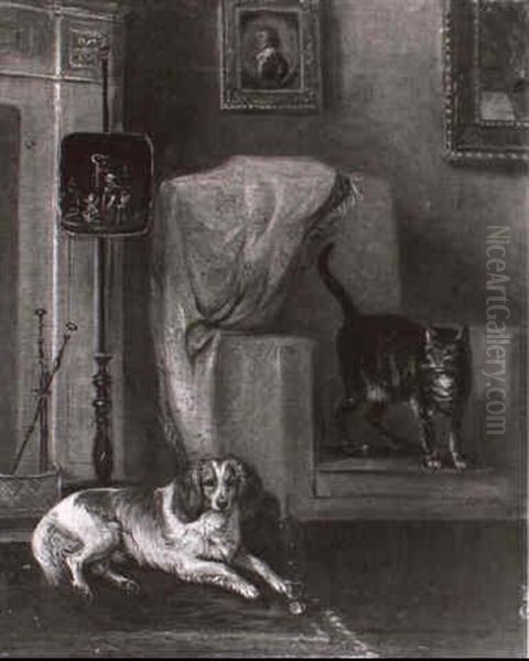 A Dog And A Cat In An Interior Oil Painting by John Ferneley Jr.