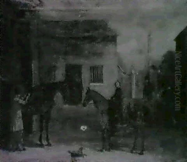 Figures And Horses In A Court-yard, A Town Beyond. Oil Painting by John Ferneley Jr.