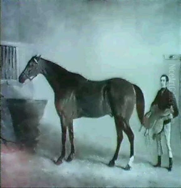 A Bay Racehorse With A Groom In A Stable Oil Painting by John Ferneley Jr.