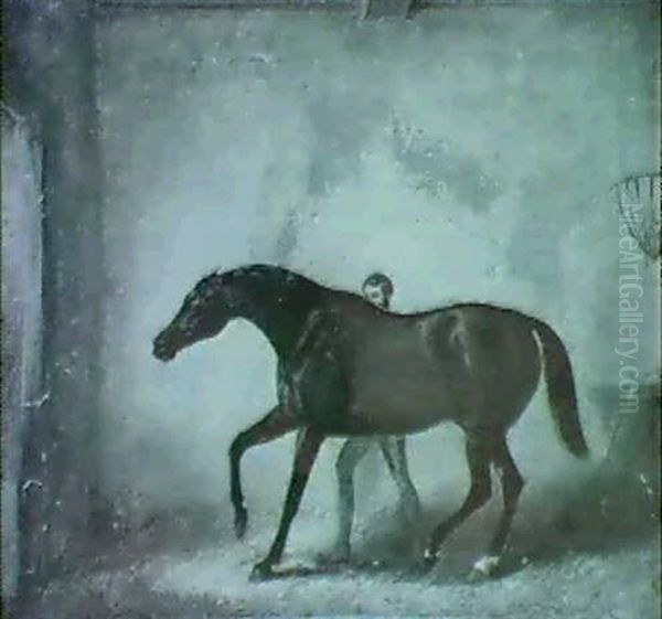 A Bay Racehorse Being Rubbed Down By A Groom In A Stable by John Ferneley Jr.