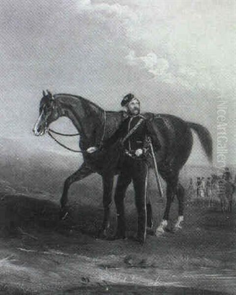 Portrait Of A Cavalry Officer Of The 10th Hussars With His  Bay House, In A Landscape by John Ferneley Jr.