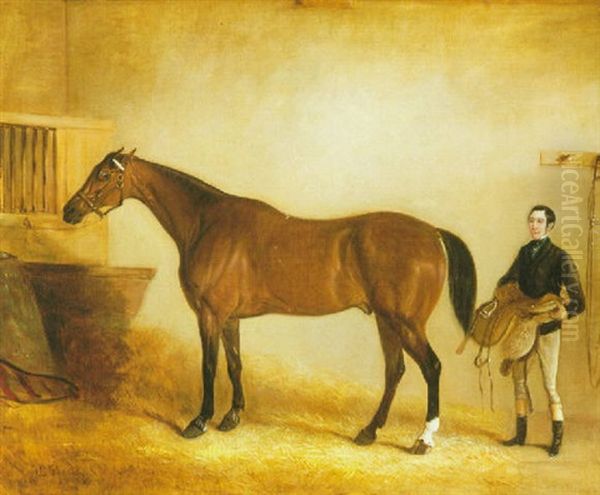 A Bay Racehorse With A Groom In A Stable Oil Painting by John Ferneley Jr.