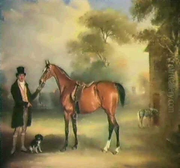 A Bay Hunter With Dick Christian Standing Outside A         Mansion With Melton Mowbray Church In The Distance Oil Painting by John Ferneley Jr.