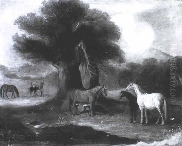 Mares And Foals In A Wooded Landscape Oil Painting by John Ferneley Jr.