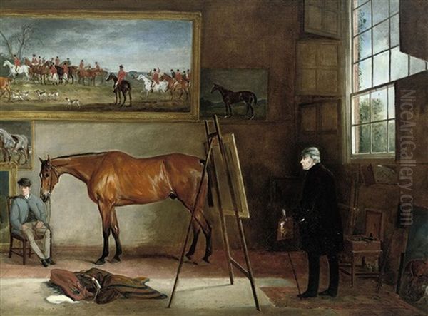 John Ferneley Senior In His Studio At Elgin Lodge, Melton Mowbray Oil Painting by Claude Lorraine Ferneley