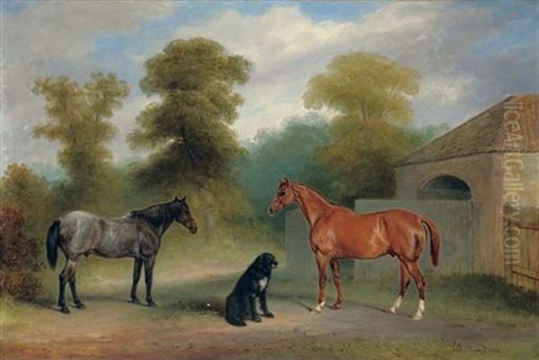 A Chestnut Hunter With A Roan Pony And Dog Before A Stable Oil Painting by Claude Lorraine Ferneley