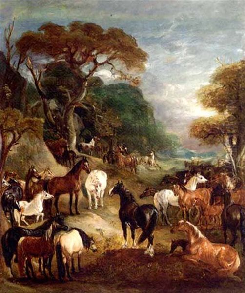 Horses In A Landscape Oil Painting by Claude Lorraine Ferneley