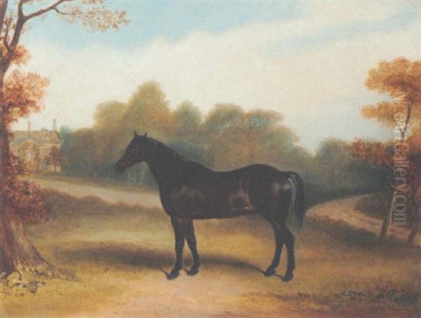 A Dark Bay Hunter In The Grounds Of A Country House Oil Painting by Claude Lorraine Ferneley