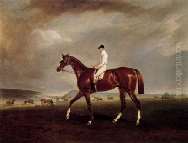 A Bay Racehorse With Jockey Up At Newmarket Oil Painting by Claude Lorraine Ferneley