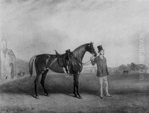 Colonel Swinfen Of The Leicestershire Yeomanry With His Charger, Standing Before Barracks Oil Painting by Claude Lorraine Ferneley