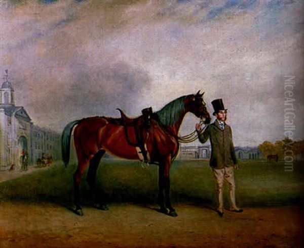 Colonel Swinfen Of The Leicestershire Yeomanry With His Charger, Standing Before Barracks Oil Painting by Claude Lorraine Ferneley