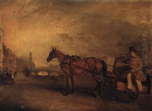 Street Scene In Dublin With Cabby On Banks Of Liffey And Halfpenny Bridge Oil Painting by Claude Lorraine Ferneley