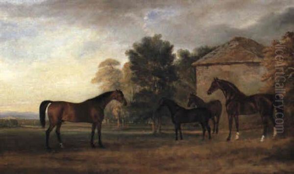 Mares And Foals In A Wooded Landscape Oil Painting by Claude Lorraine Ferneley