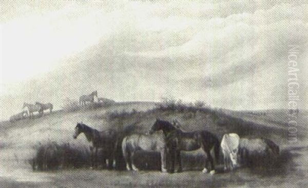 Horses In A Landscape Oil Painting by Claude Lorraine Ferneley