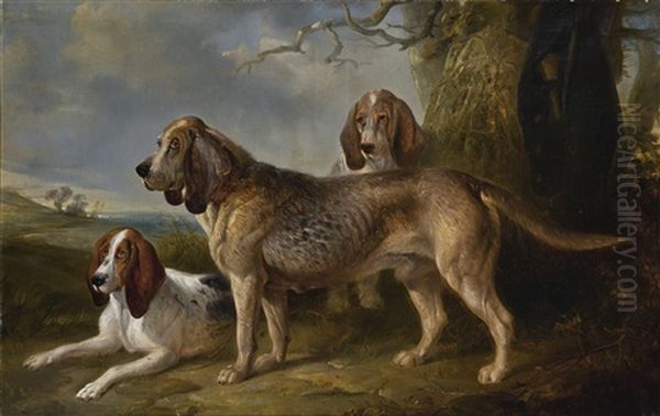 Three Basset Hounds In A Landscape Oil Painting by John E. Ferneley