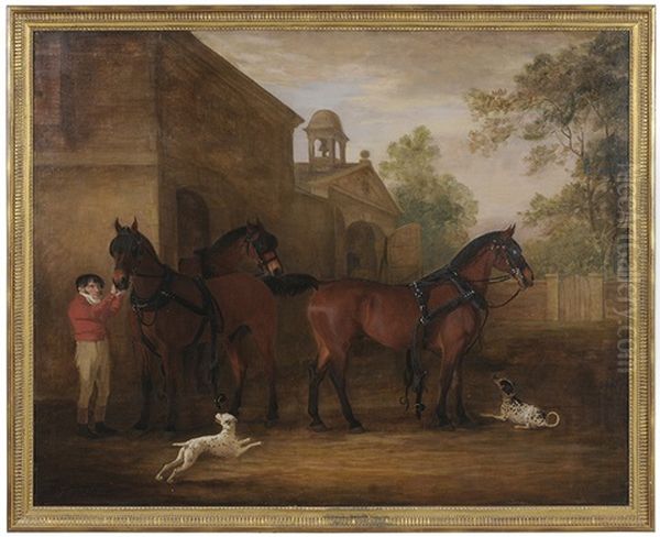 J. Goode In A Courtyard With Coach Horses And Dalmatians Oil Painting by John E. Ferneley