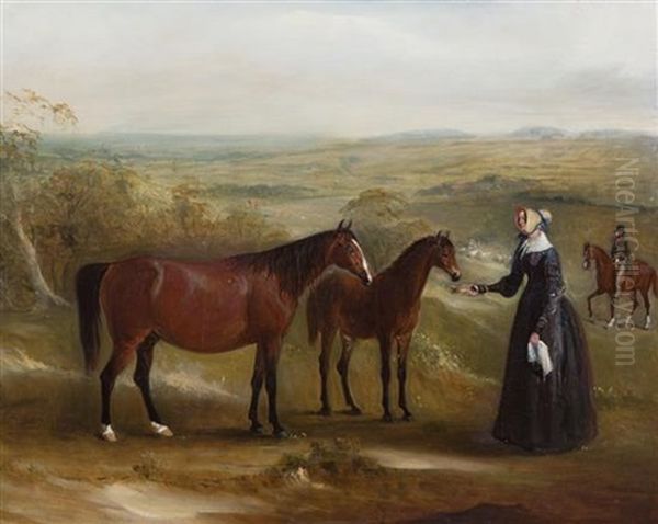 Lady Offering Bowl To Horses In A Hilly Landscape Oil Painting by John E. Ferneley