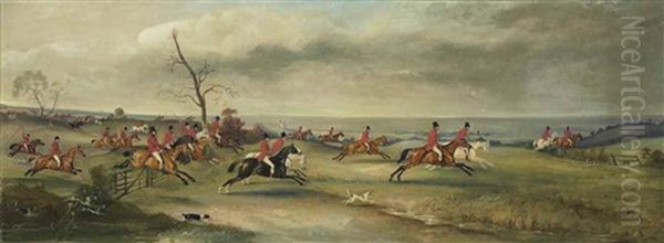 The Hunt In Full Cry In The Vale Of Belvoir With The Duke Of Rutland, The Earl Of Bradford, The Earl Of Wilton And Others, Clawson Windmill And Village Beyond Oil Painting by John E. Ferneley