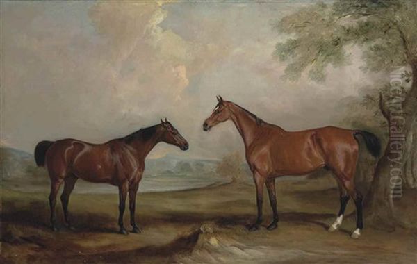 Two Bay Hunters In An Extensive Landscape Oil Painting by John E. Ferneley