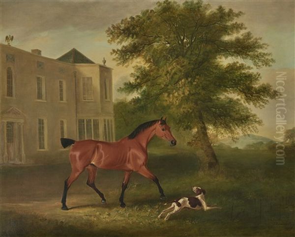 A Chestnut Horse And A Hound Outside Humewood Manor, Co. Wicklow Oil Painting by John E. Ferneley