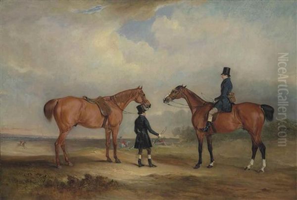 Two Gentlemen, One Leading A Chestnut Hunter, The Other On A Bay Hunter, In An Extensive Landscape With A Hunt, A Church Spire Beyond Oil Painting by John E. Ferneley