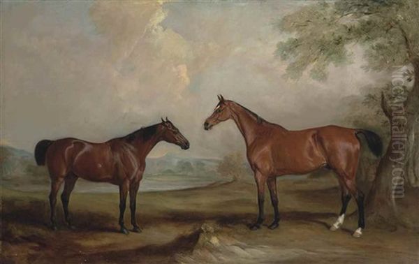 Two Bay Hunters In An Extensive Landscape Oil Painting by John E. Ferneley